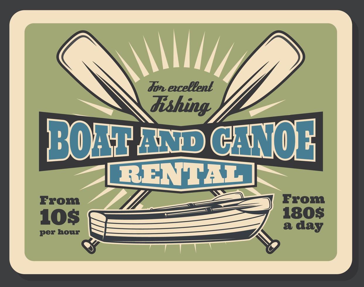 affiche rétro de vecteur de location de bateau de pêche et canoë