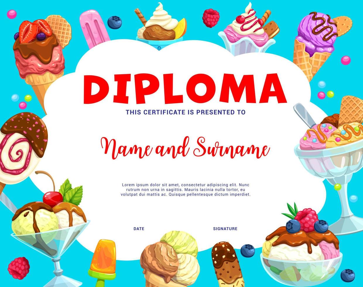 certificat de vecteur de diplôme pour enfants, crème glacée de dessin animé