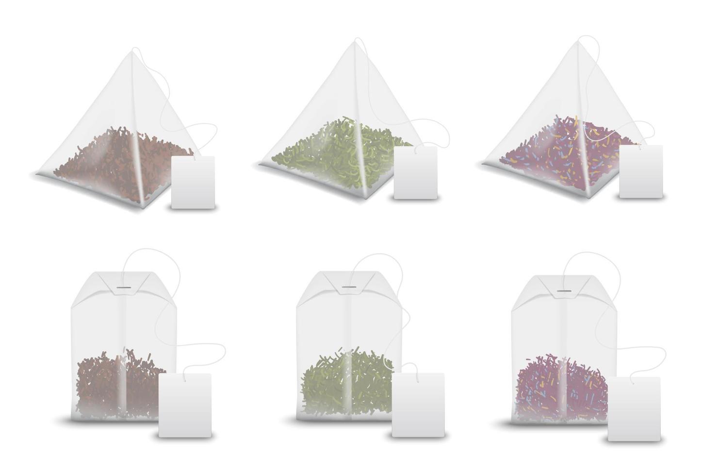 pyramides de sachets de thé, étiquettes de sachets de thé maquettes réalistes vecteur