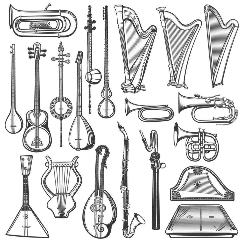 croquis isolé d'instruments de musique. objets musicaux vecteur