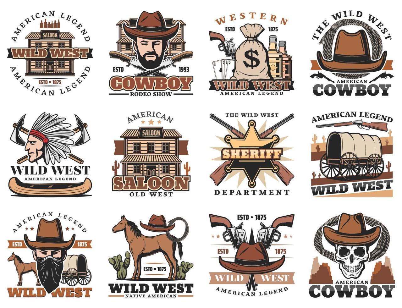 salon de l'ouest sauvage américain, shérif, rodéo de cow-boy vecteur