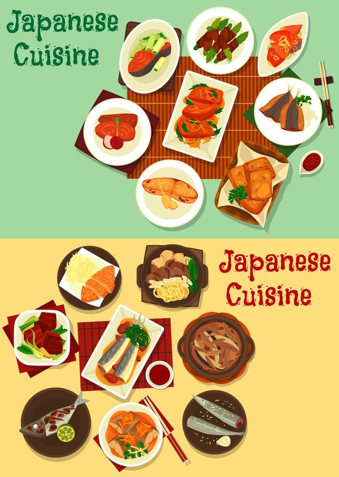 cuisine japonaise poisson, viande et légumes vecteur
