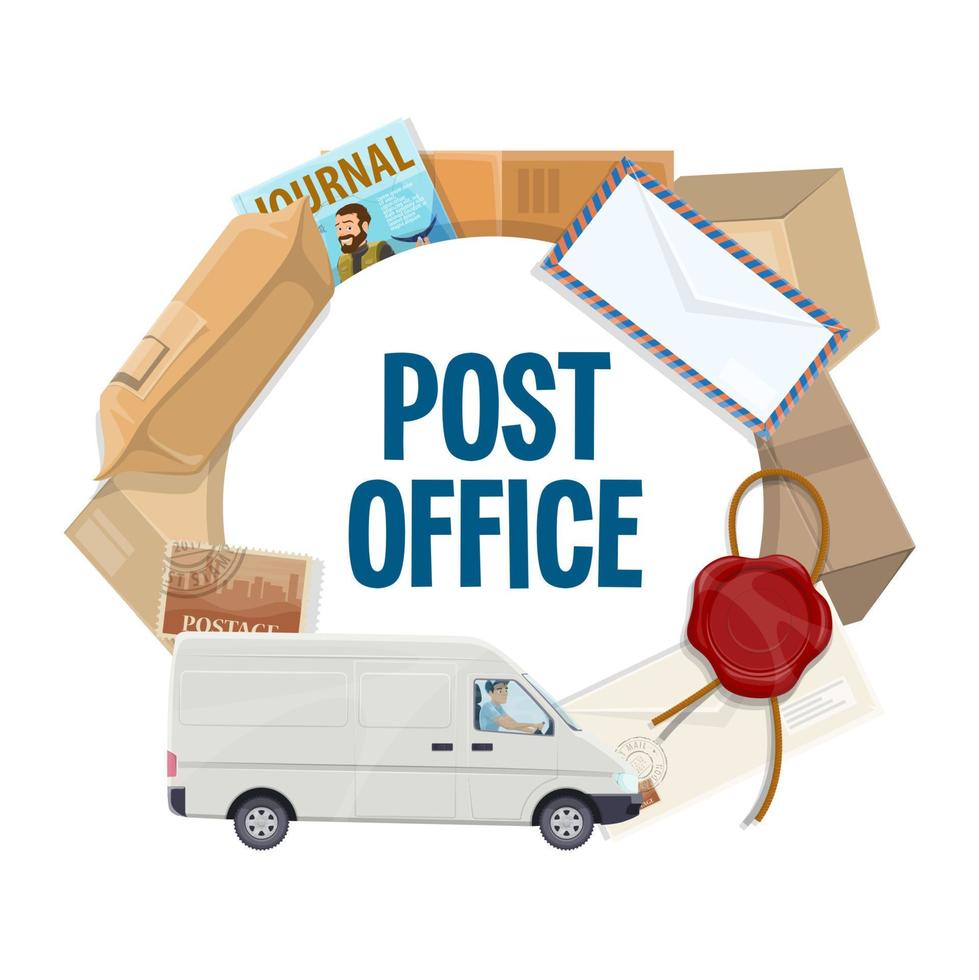 colis, lettre, timbre-poste, camion de livraison de courrier vecteur