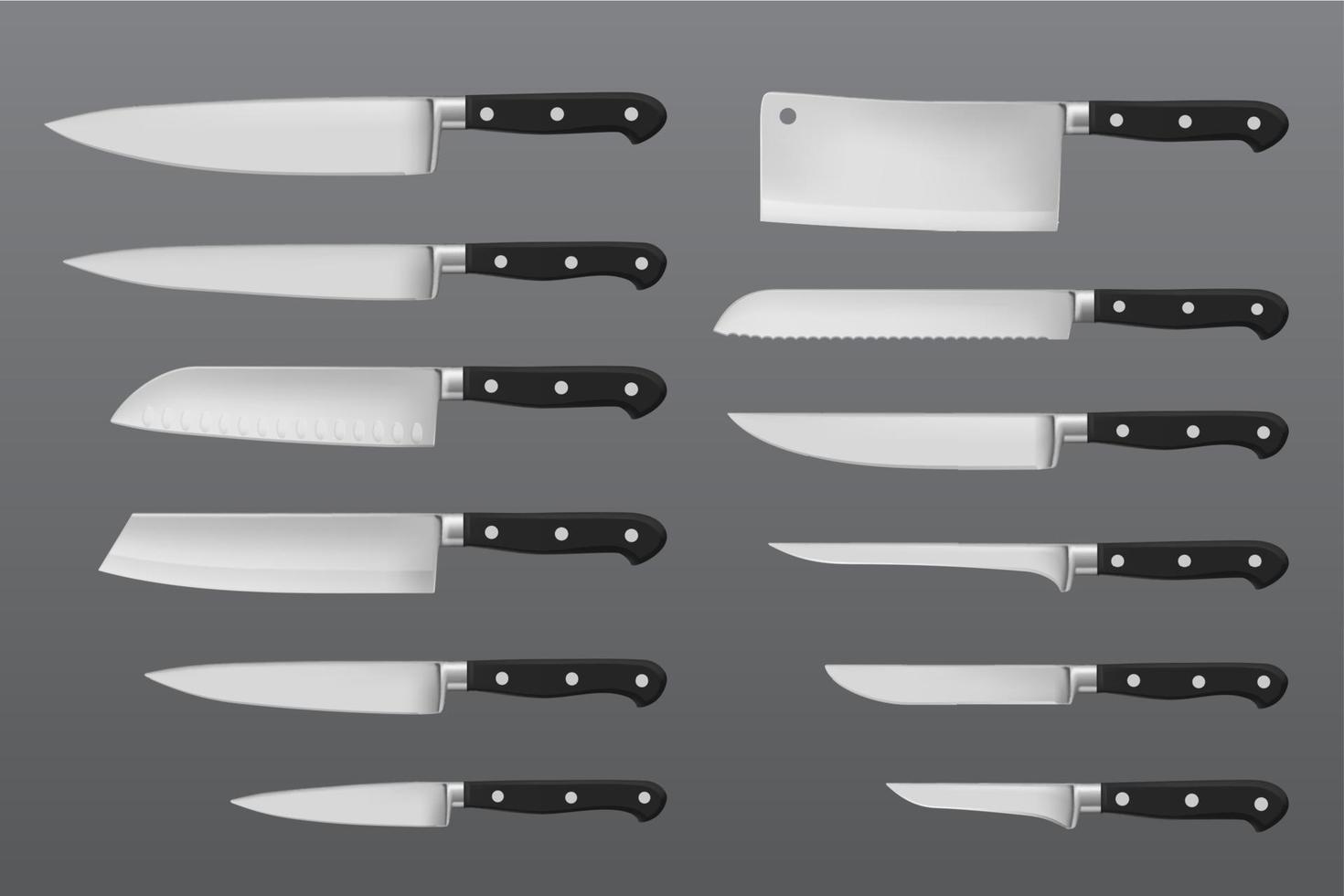 couteaux de cuisine pour couper la viande, ensemble isolé vecteur