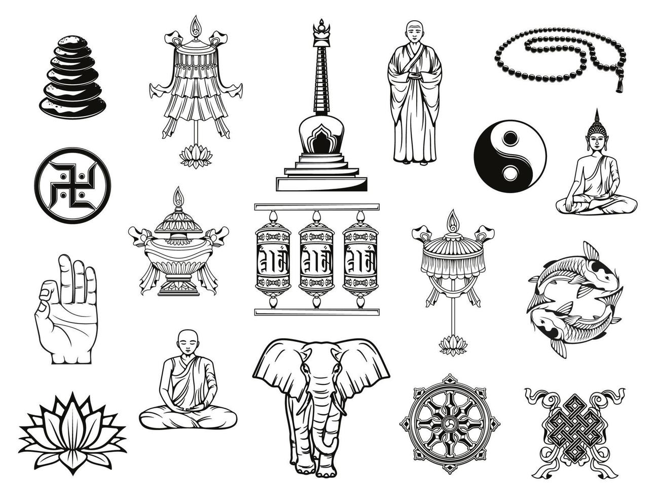 symbole de la religion du bouddhisme, bouddha, ying yang, lotus vecteur