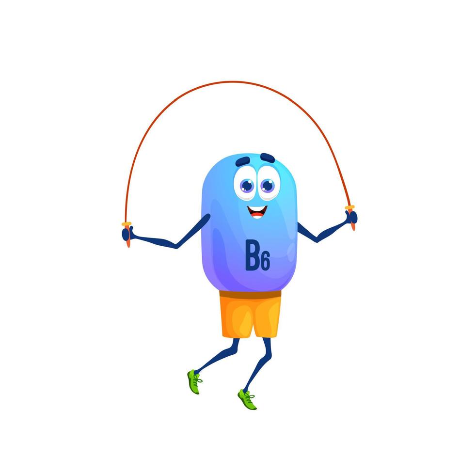 personnage de dessin animé de vitamine b6 sautant avec une corde vecteur