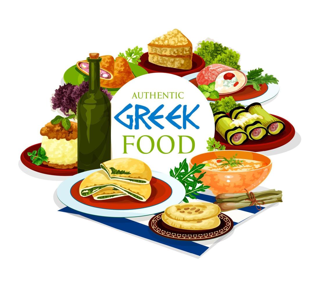 plats grecs de viande et de légumes avec dessert vecteur