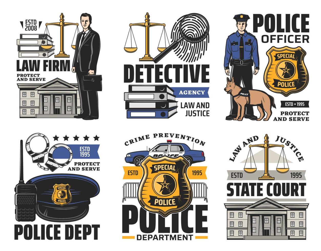 justice, police et droit, icônes de détective vecteur