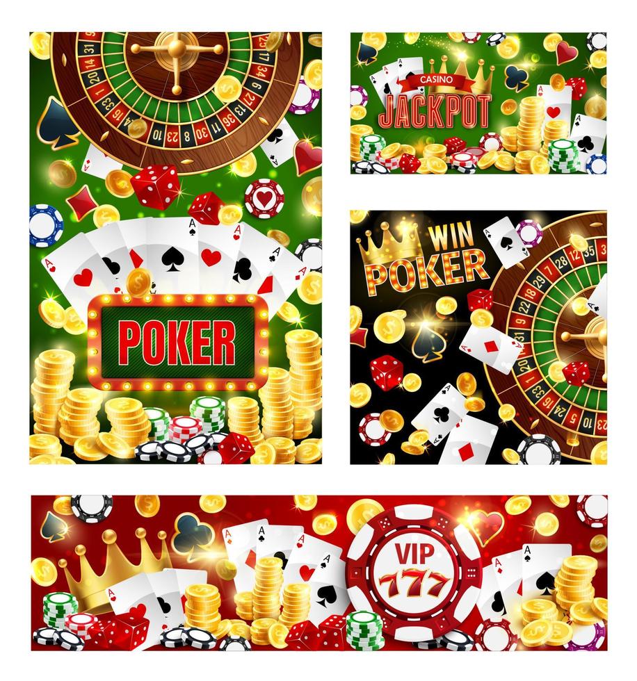 affiches de casino. roue de la fortune, cartes de poker vecteur