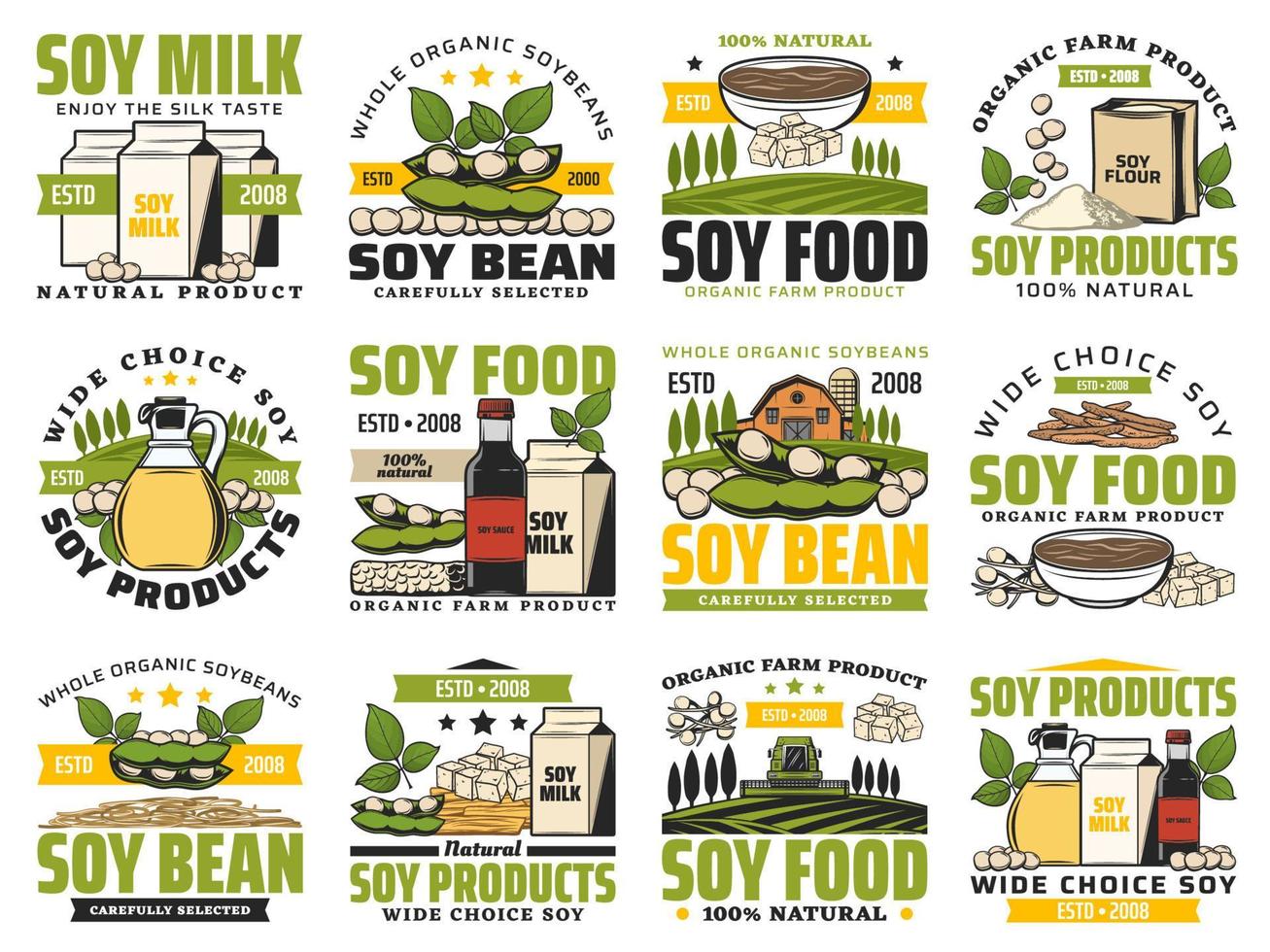 lait de soja et produits végétaliens à base de soja biologique vecteur