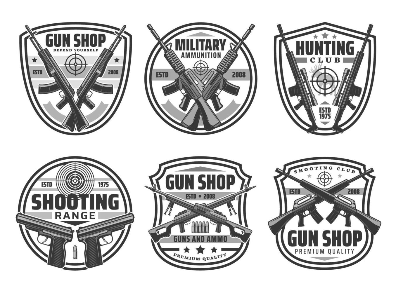 fusils, fusils, pistolets avec cibles. icônes d'armes vecteur
