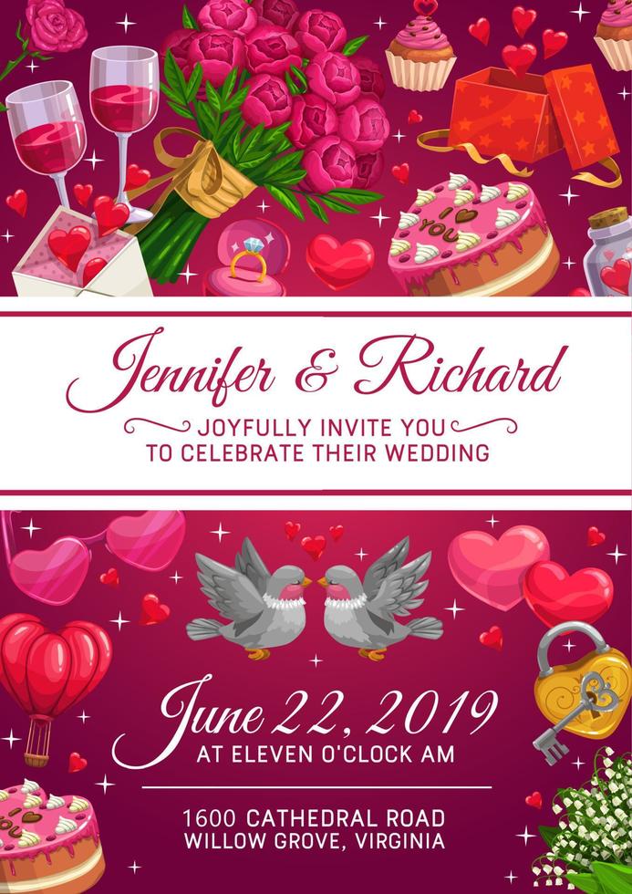 anneaux de mariage, gâteau et coeurs d'amour. invitation vecteur