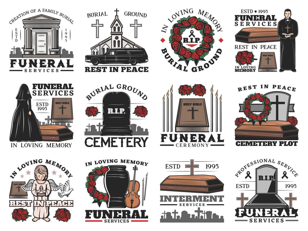 icônes de cérémonie funéraire avec des cercueils sur le cimetière vecteur