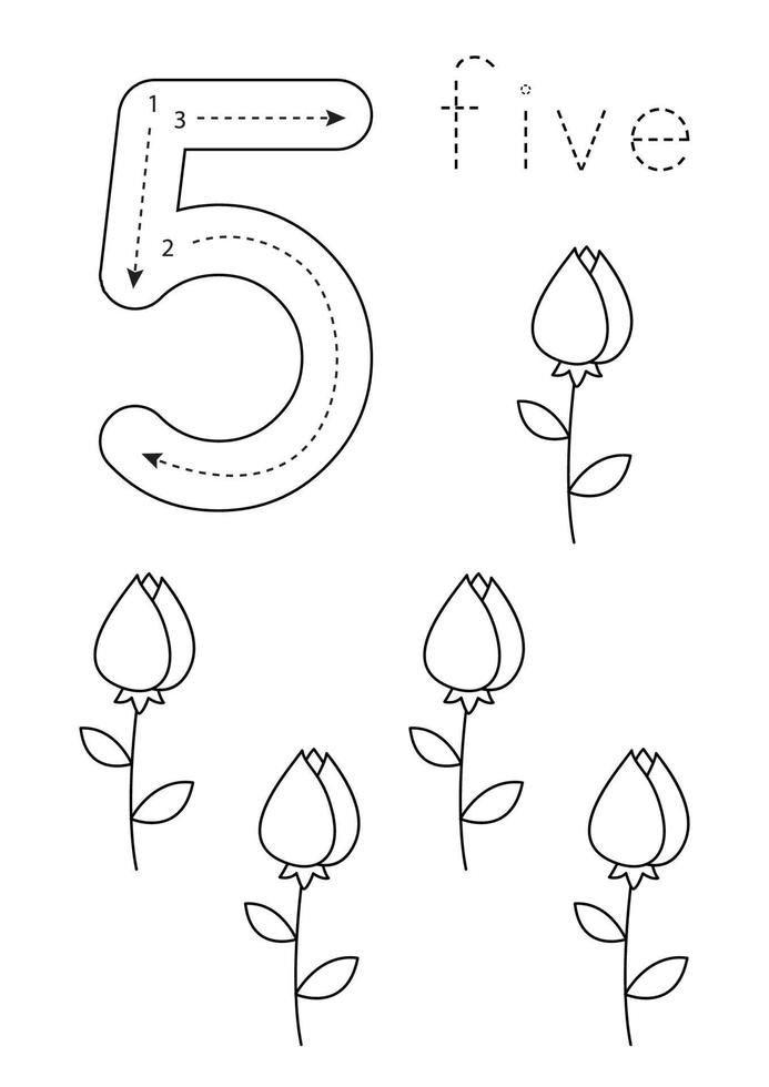 flashcard numéro 5. feuille de calcul préscolaire. feuille de travail de la saint-valentin. vecteur