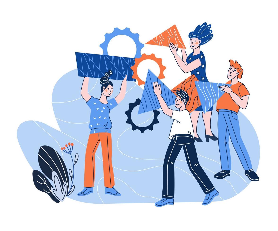 une organisation efficace du travail d'équipe et un environnement de travail en partenariat confortable pour une collaboration réussie. collègues ou collègues personnages de dessins animés reliant le puzzle. illustration vectorielle. vecteur