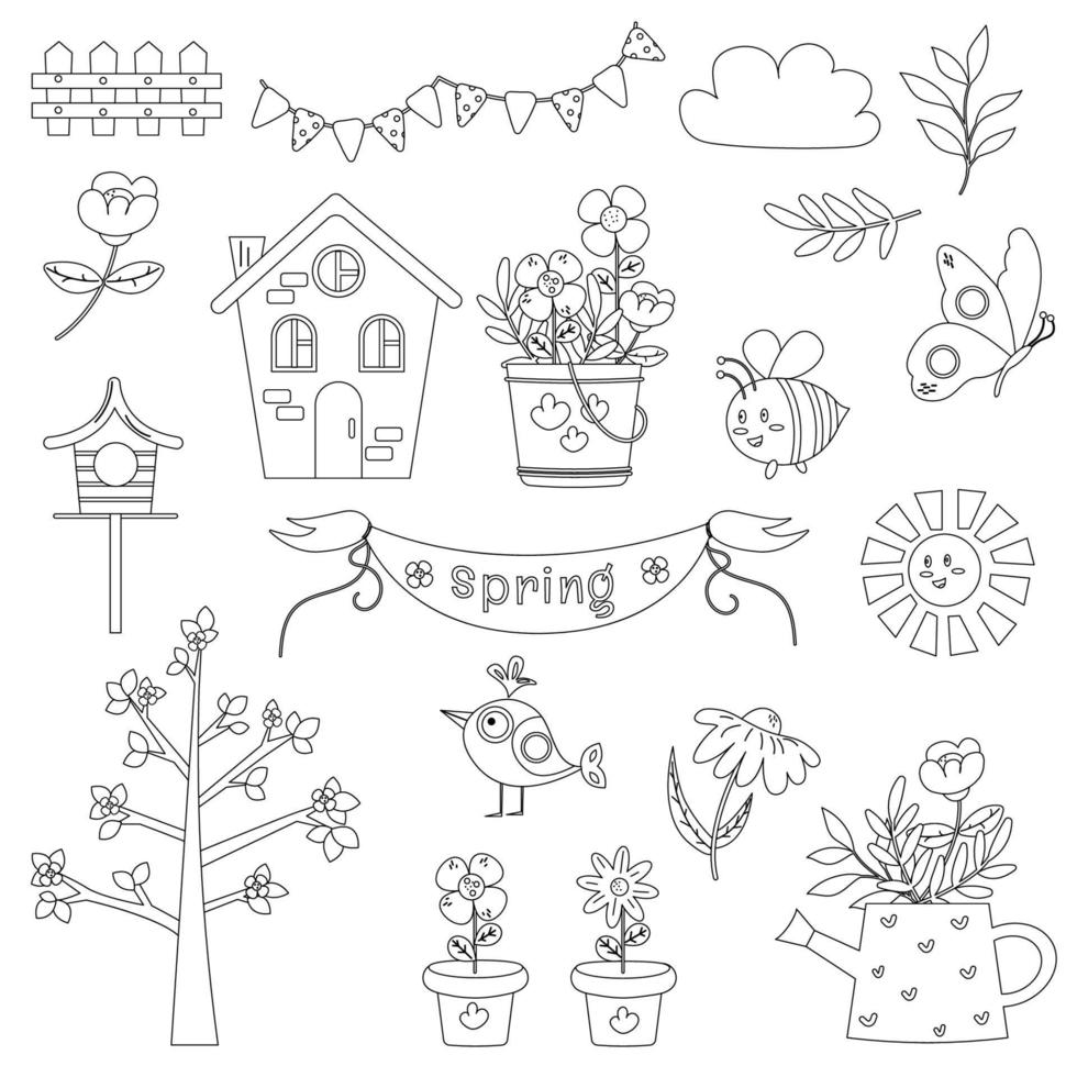 collection de contours d'éléments de printemps. fleurs, abeille, papillon, oiseau vecteur
