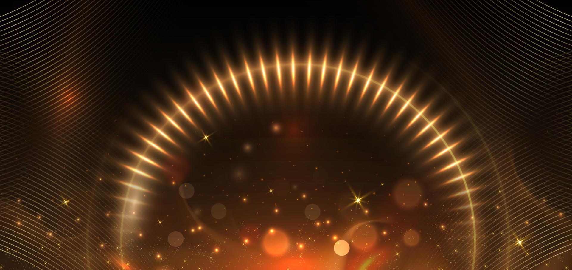 cercles abstraits d'effet de lumière dorée brillant élégant effet de lumière dorée bokeh sur fond marron foncé. vecteur
