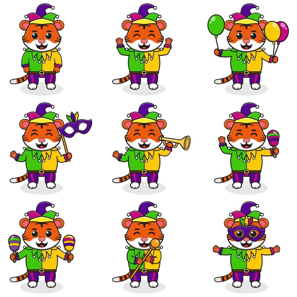 illustration vectorielle tigre portant des vêtements de mardi gras dans différentes poses isolés sur fond blanc. une illustration de dessin animé d'un tigre du mardi gras. bouffon du mardi gras, ensemble. vecteur