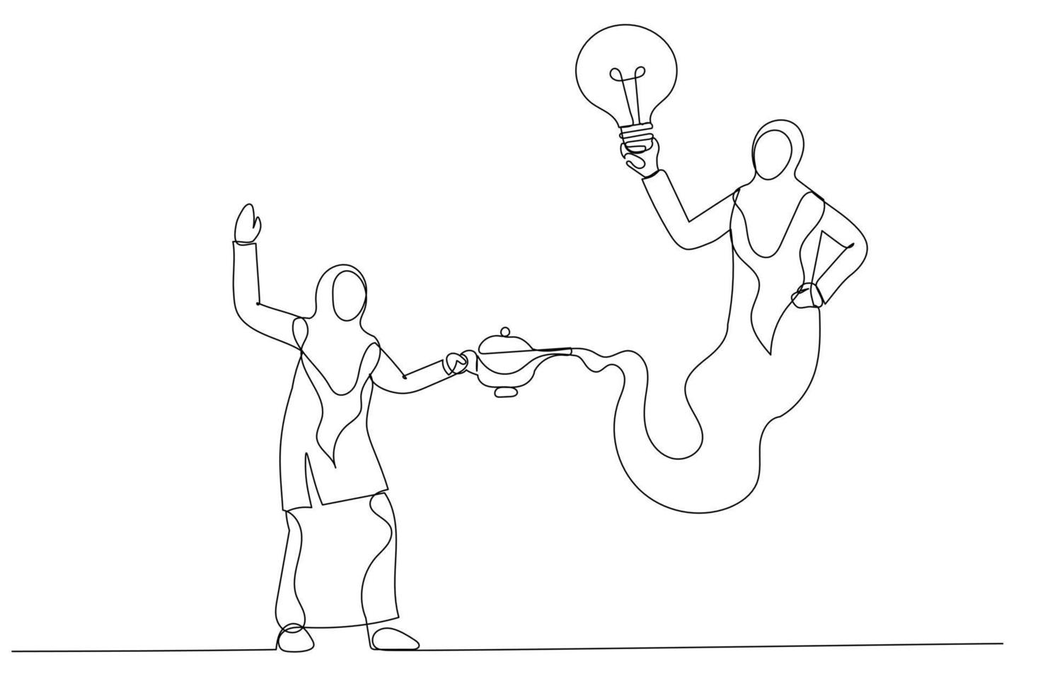 dessin animé d'une femme d'affaires musulmane génie tenant une ampoule d'idée qui sort de la lampe magique. notion d'aide. style d'art en ligne continue unique vecteur