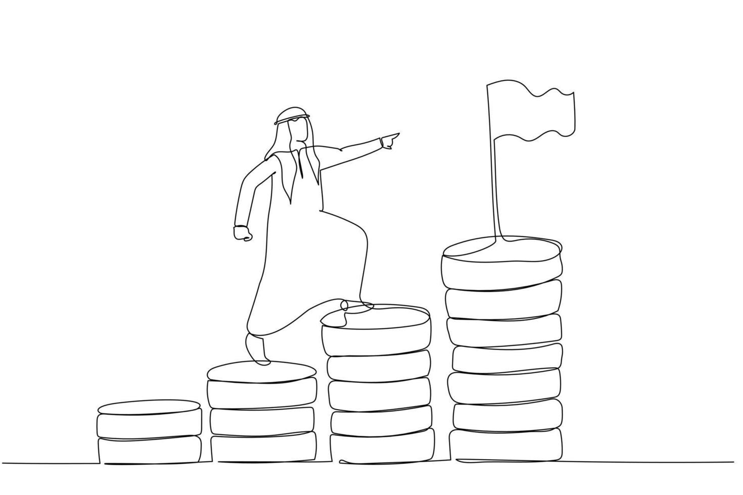 dessin animé d'homme d'affaires arabe étape escalade pile de pièces d'argent visant à atteindre l'objectif financier cible. style d'art d'une ligne vecteur