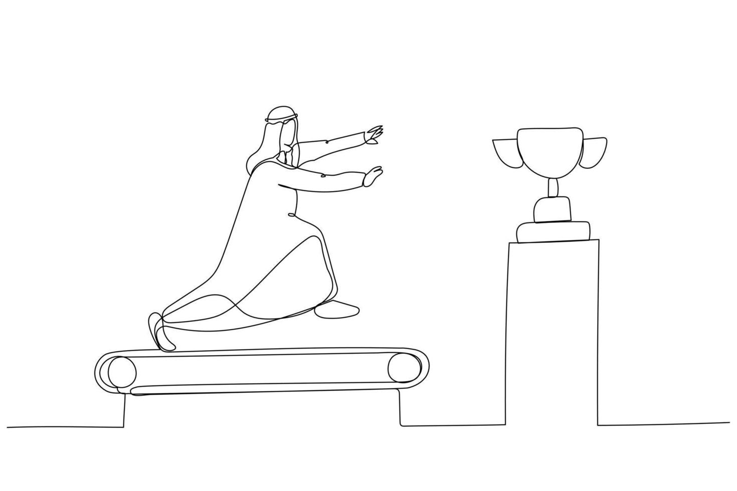 dessin animé d'un homme d'affaires arabe courant sur le tapis roulant essayant d'obtenir le concept de trophée de course de rat. style d'art en ligne unique vecteur