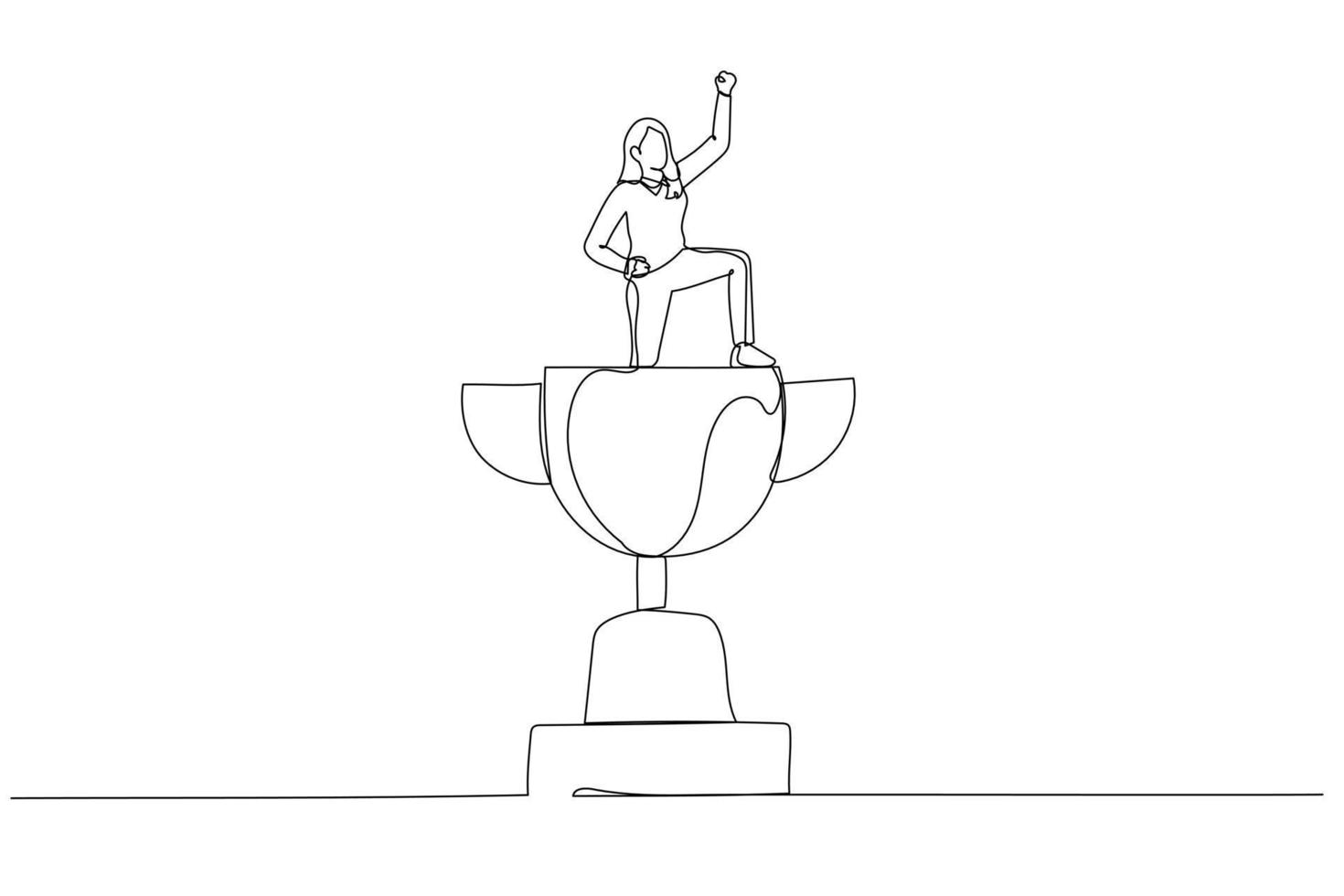 le dessin d'une femme d'affaires gagnante levant le drapeau sur le trophée gagnant remporte la victoire. art de style une ligne vecteur