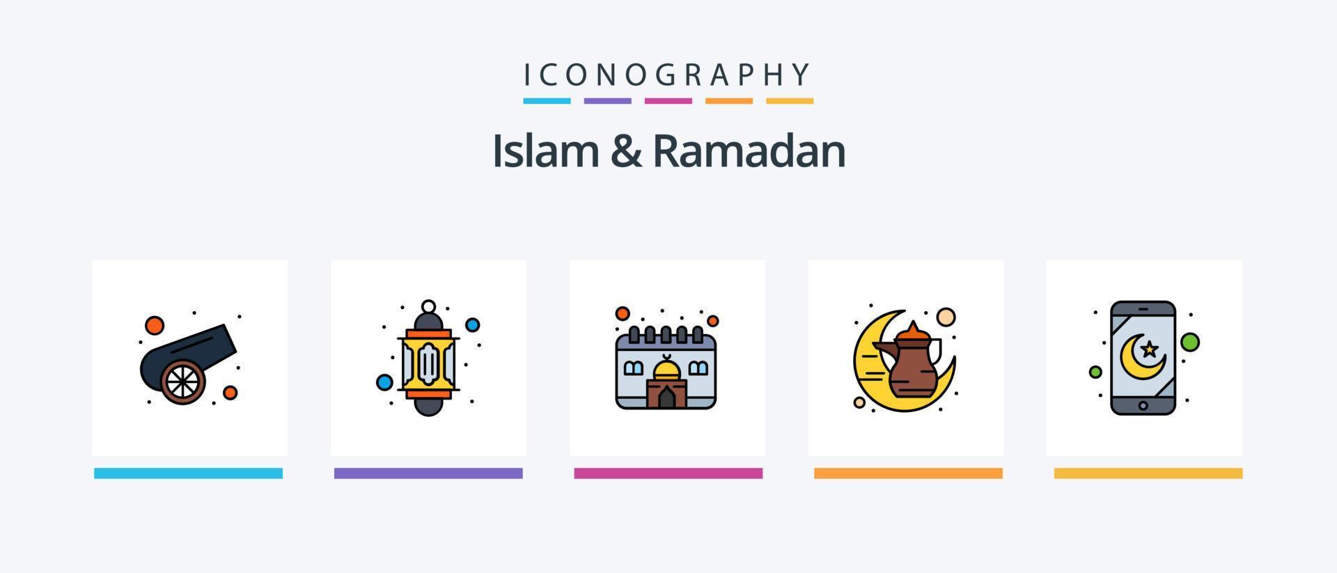 l'islam et la ligne du ramadan ont rempli le pack de 5 icônes, y compris la mosquée. temps. musulman. Ramadan. l'eau. conception d'icônes créatives vecteur