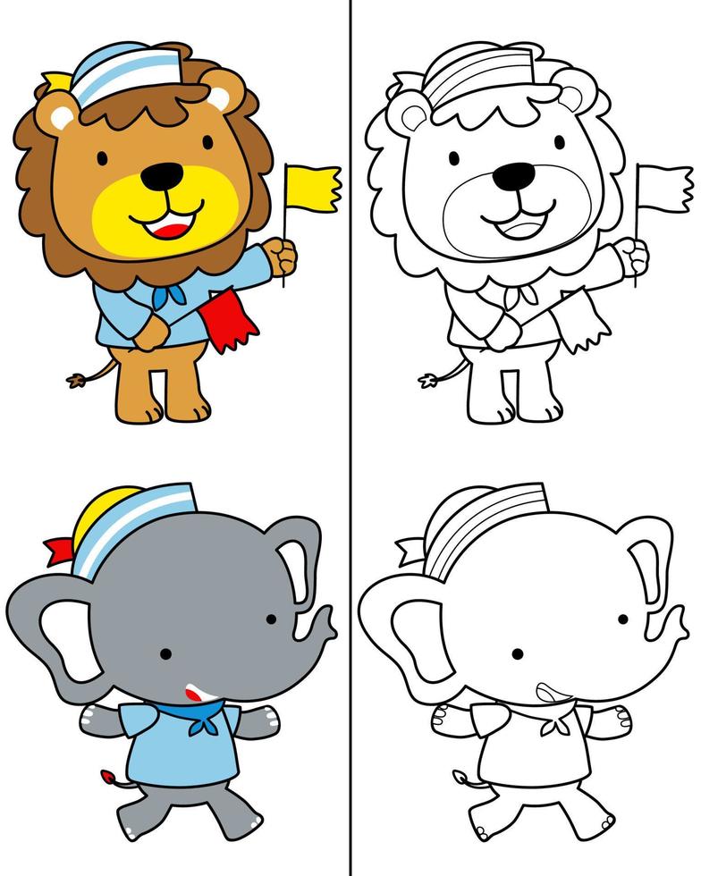 dessin vectoriel de lion et d'éléphant drôles en costume de marin, livre de coloriage ou page