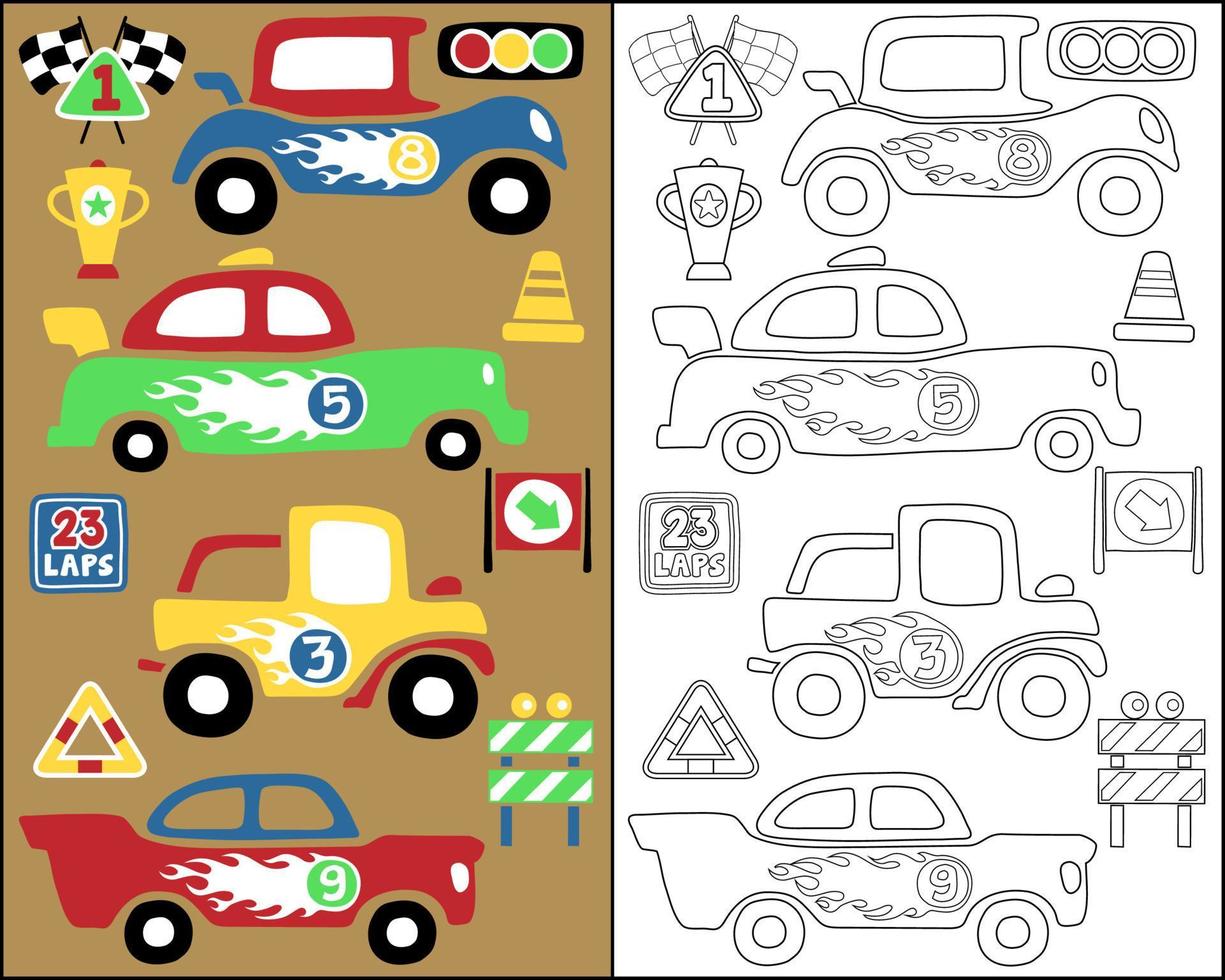 illustration vectorielle de voitures de course vintage avec dessin animé d'éléments de course, livre de coloriage ou page vecteur