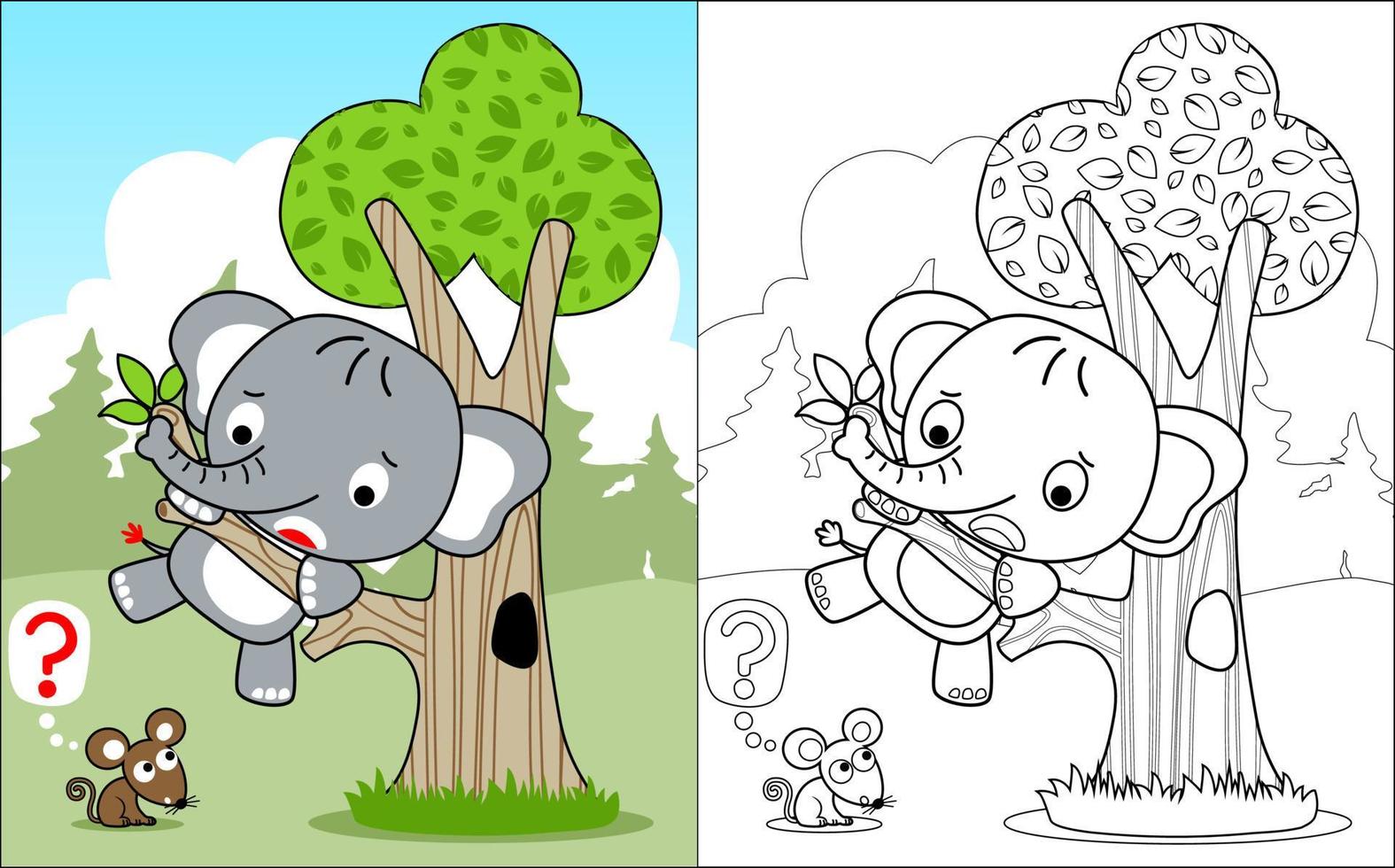 livre de coloriage vecteur d'éléphant grimper aux arbres parce qu'il a peur du rat