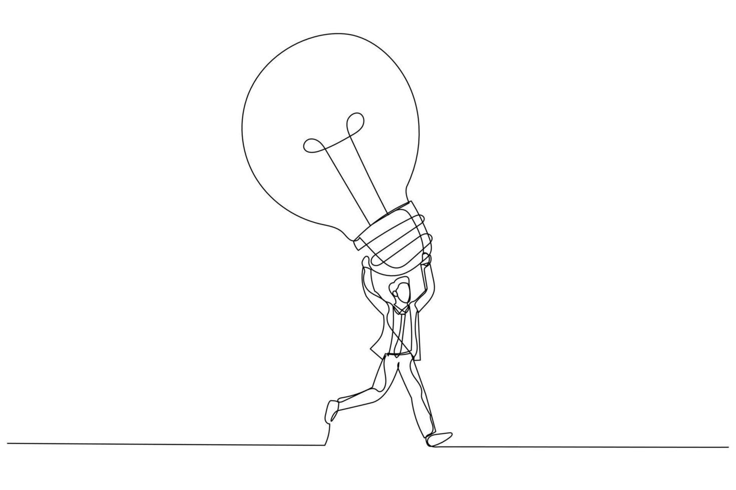 dessin animé d'un homme d'affaires excité portant une grande idée d'ampoule en cours d'exécution pour inventer un nouveau produit. grande idée. un style d'art en ligne continue vecteur