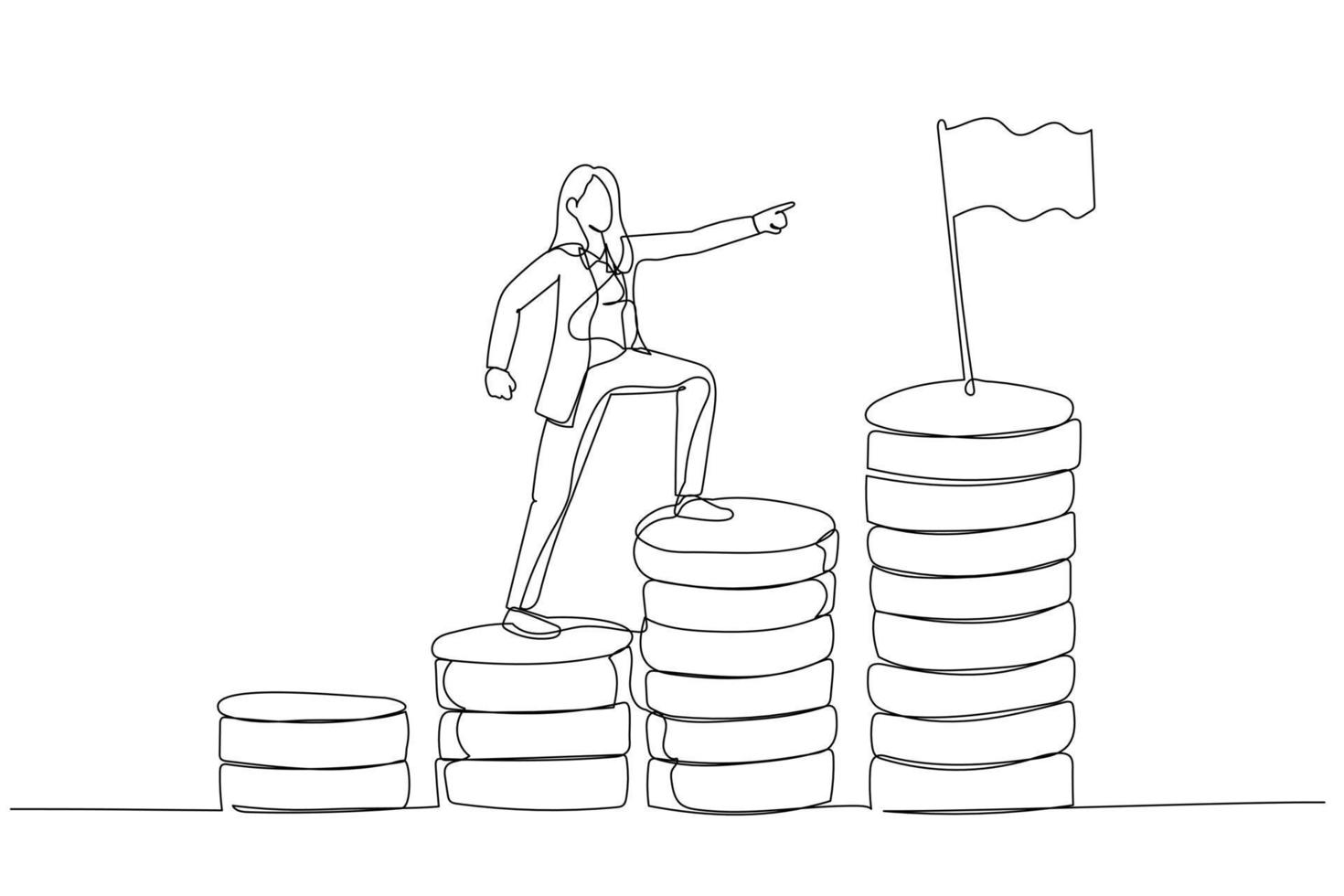 dessin animé d'une femme d'affaires escalade une pile de pièces d'argent visant à atteindre l'objectif financier cible. style d'art d'une ligne vecteur