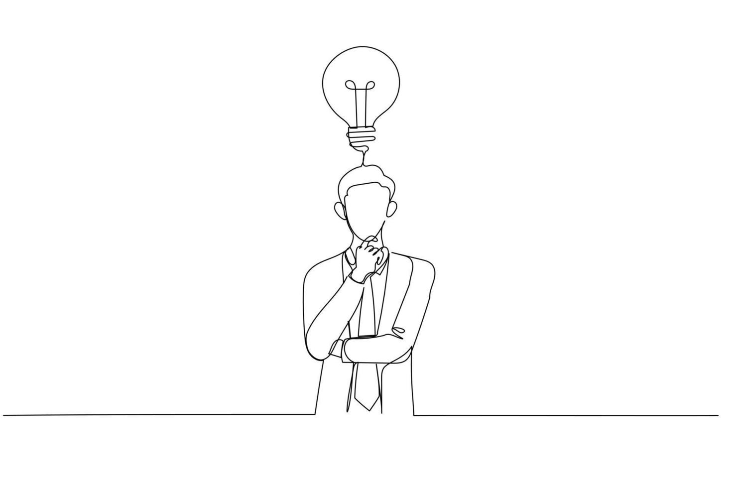 dessin animé d'un homme d'affaires portrait à la taille faisant un plan tenir la main sur le menton et levant les yeux pensif. un style d'art en ligne continue vecteur