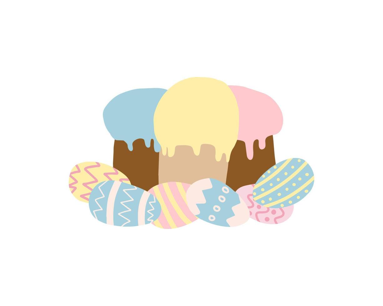 carte de voeux de Pâques. illustration vectorielle de joyeuses pâques. gâteau et œufs colorés. vecteur