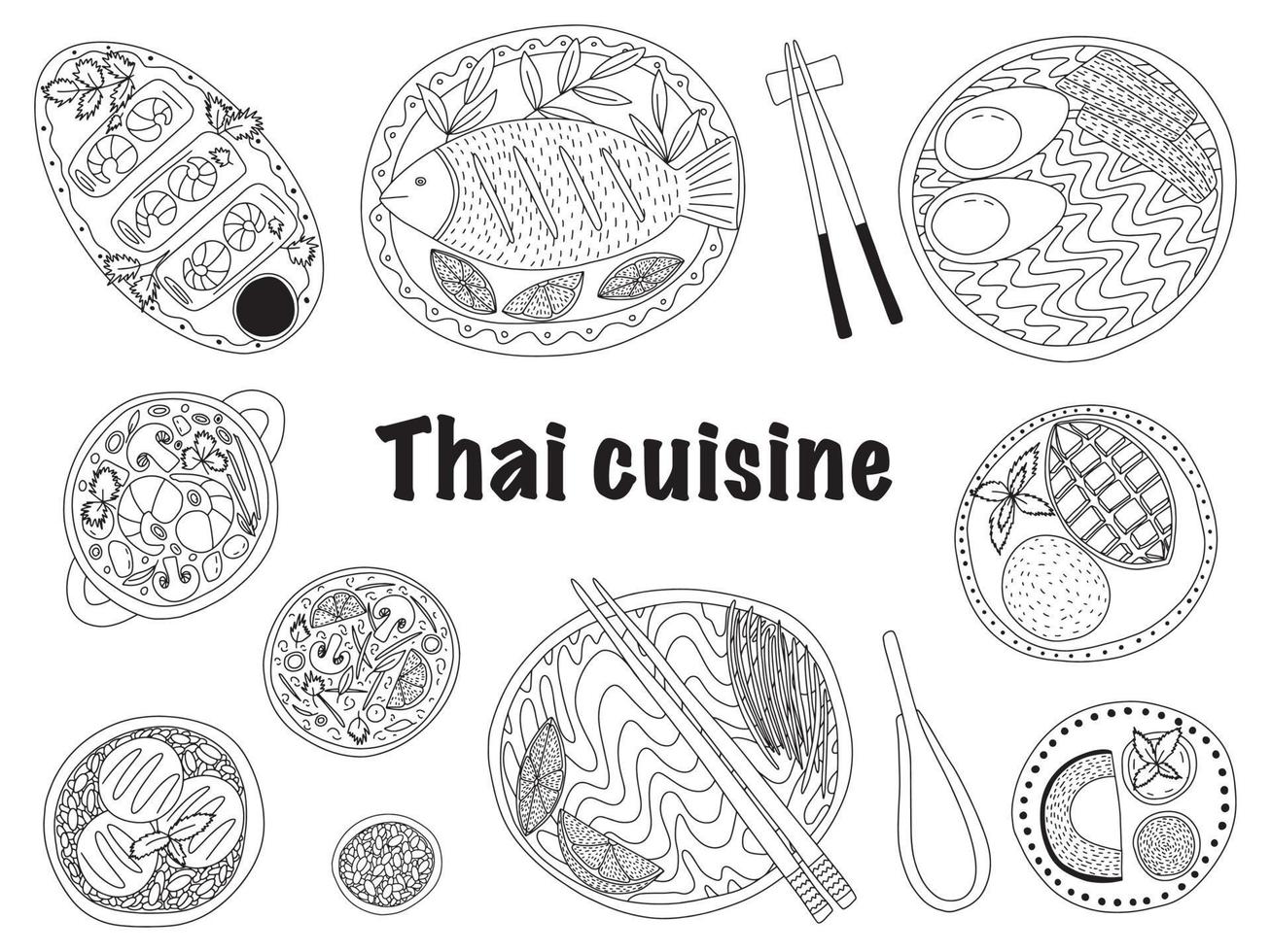 ensemble vectoriel de plats de cuisine thaïlandaise. différents types de plats thaïlandais isolés.