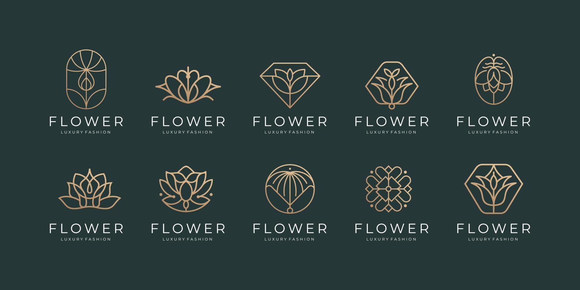 conception de décor de fleurs de beauté féminine. icône de jeu floral de collection de logos avec inspiration de couleur dorée. vecteur