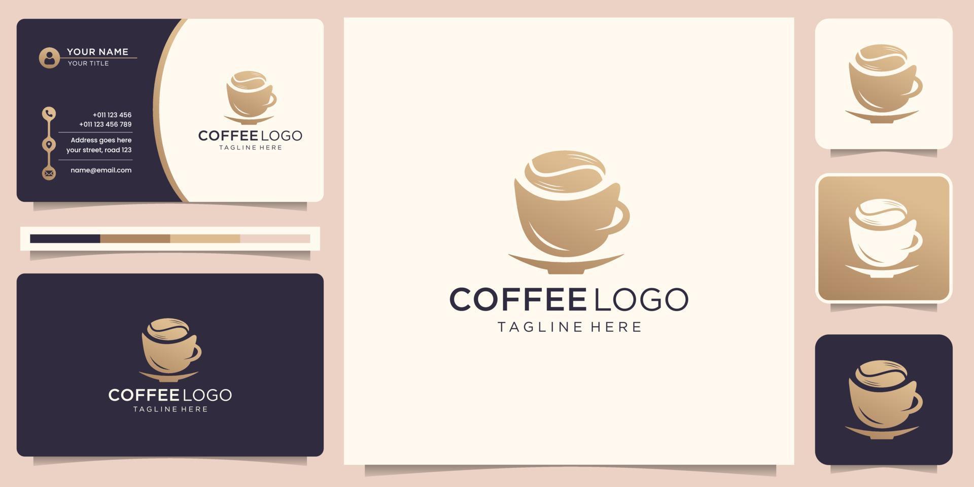 modèle de conception de logo de café élégant et carte de visite. couleur dorée, tasse à café, tasse créative. vecteur