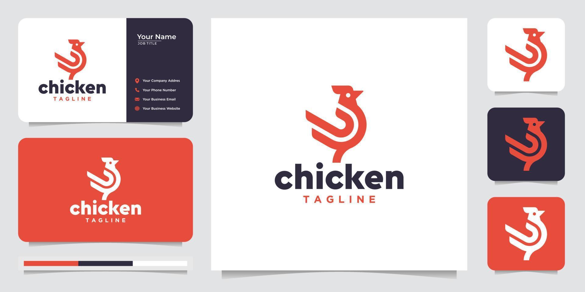 concept de conception de logo de coq de poulet avec carte de visite. vecteur premium