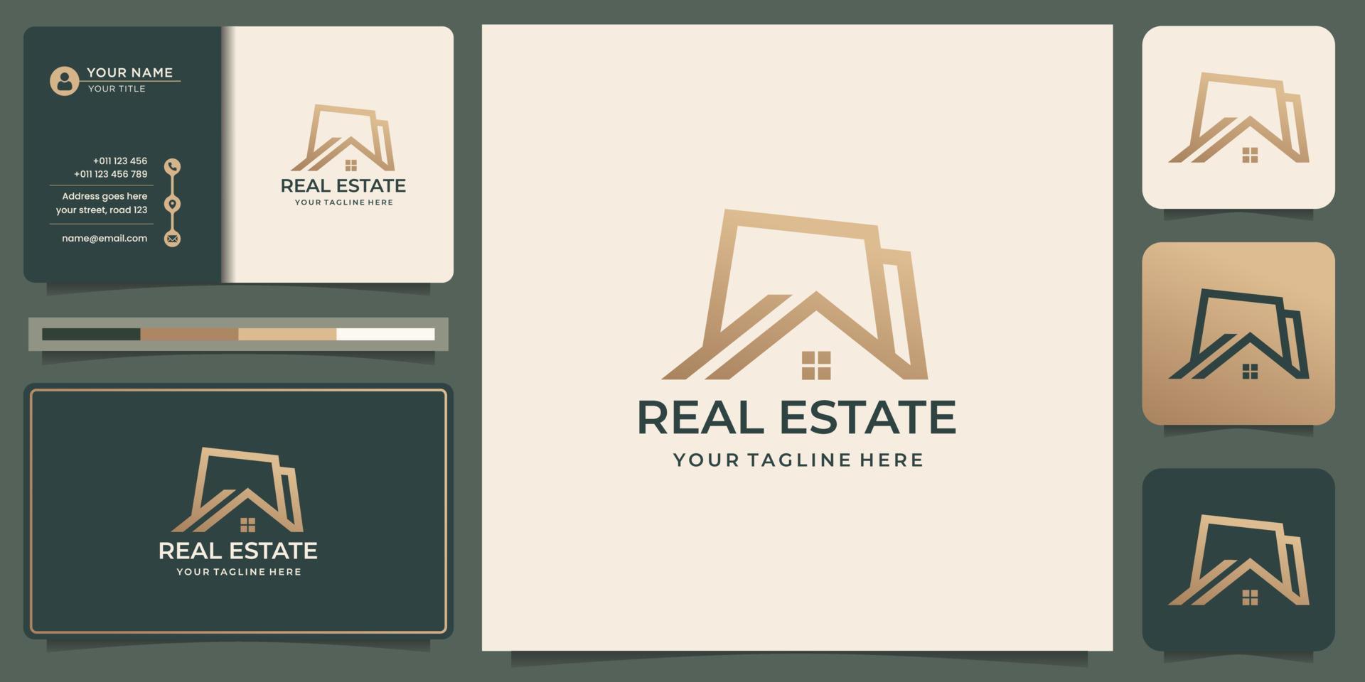 bâtiment de modèle de logo immobilier minimal, construction, architecte. logo avec conception de carte de visite. vecteur