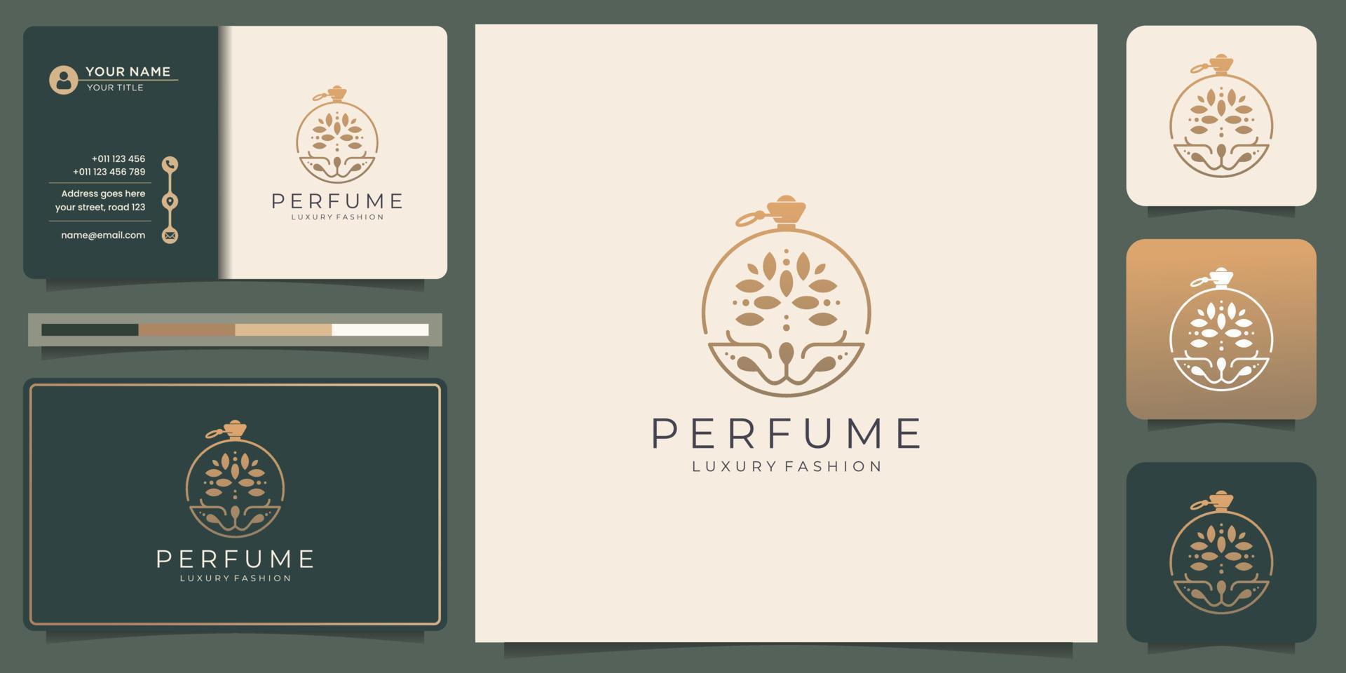 design de luxe pour le style de concept de ligne de modèle de logo de bouteille de parfum avec couleur or et carte de visite. vecteur