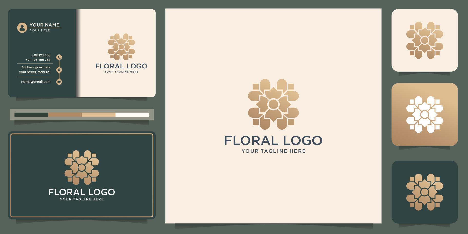 modèle de conception de logo floral. concept abstrait de fleur circulaire avec couleur or et carte de visite. vecteur