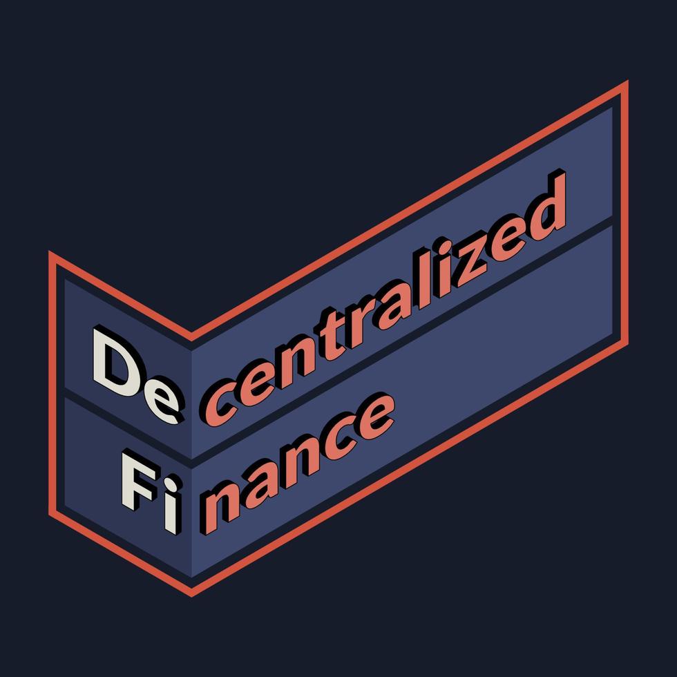 defi - finance décentralisée, signe isométrique avec texte isolé sur fond sombre. écosystème d'applications et de services financiers basés sur des blockchains publiques. illustration vectorielle. vecteur