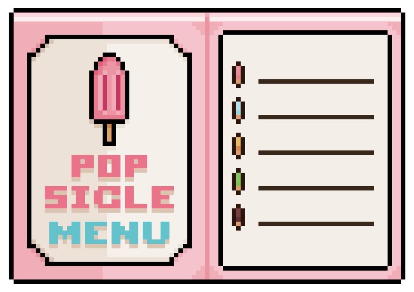 menu popsicle pixel art, icône de vecteur de menu papier ouvert pour jeu 8bit sur fond blanc