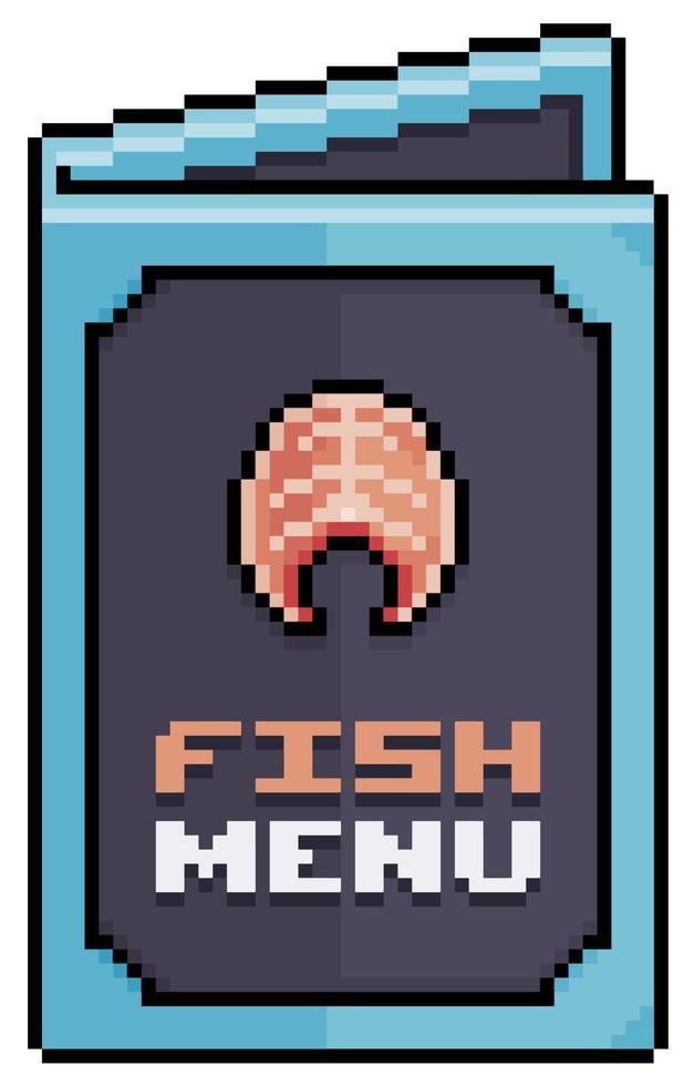 menu poisson pixel art, icône vectorielle de menu papier pour jeu 8bit sur fond blanc vecteur