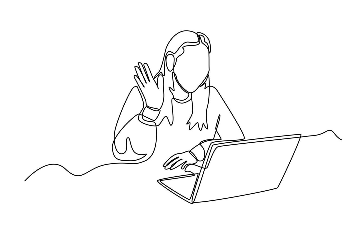une ligne continue dessinant une femme d'affaires dire bonjour en ligne devant un ordinateur portable. notion de communication. illustration graphique vectorielle de dessin à une seule ligne. vecteur