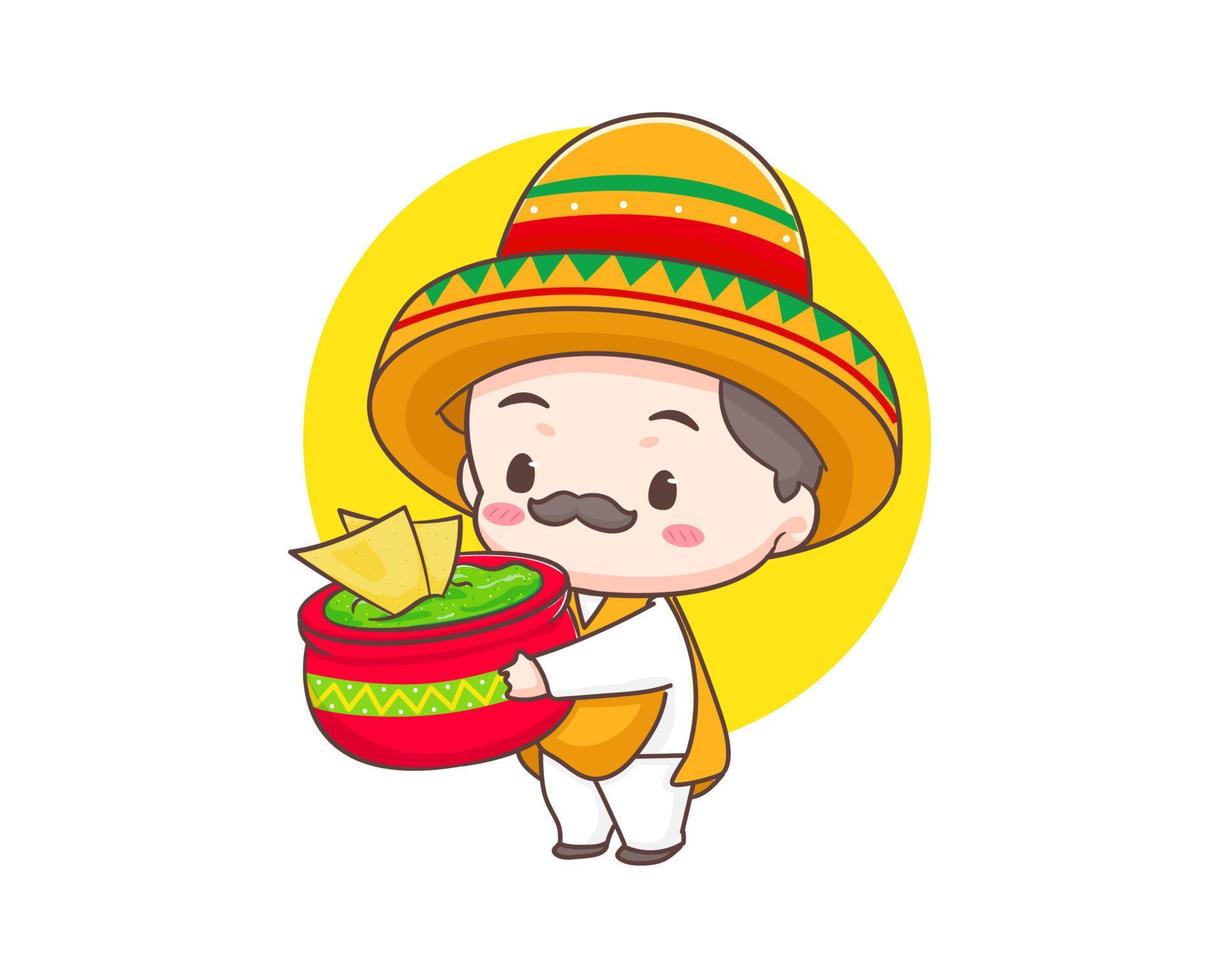 mignon chef mexicain avec chapeau sombrero tenant nachos et personnage de dessin animé de sauce avocat guacamole. illustration du logo icône guacamole. cuisine de rue traditionnelle mexicaine. vecteur