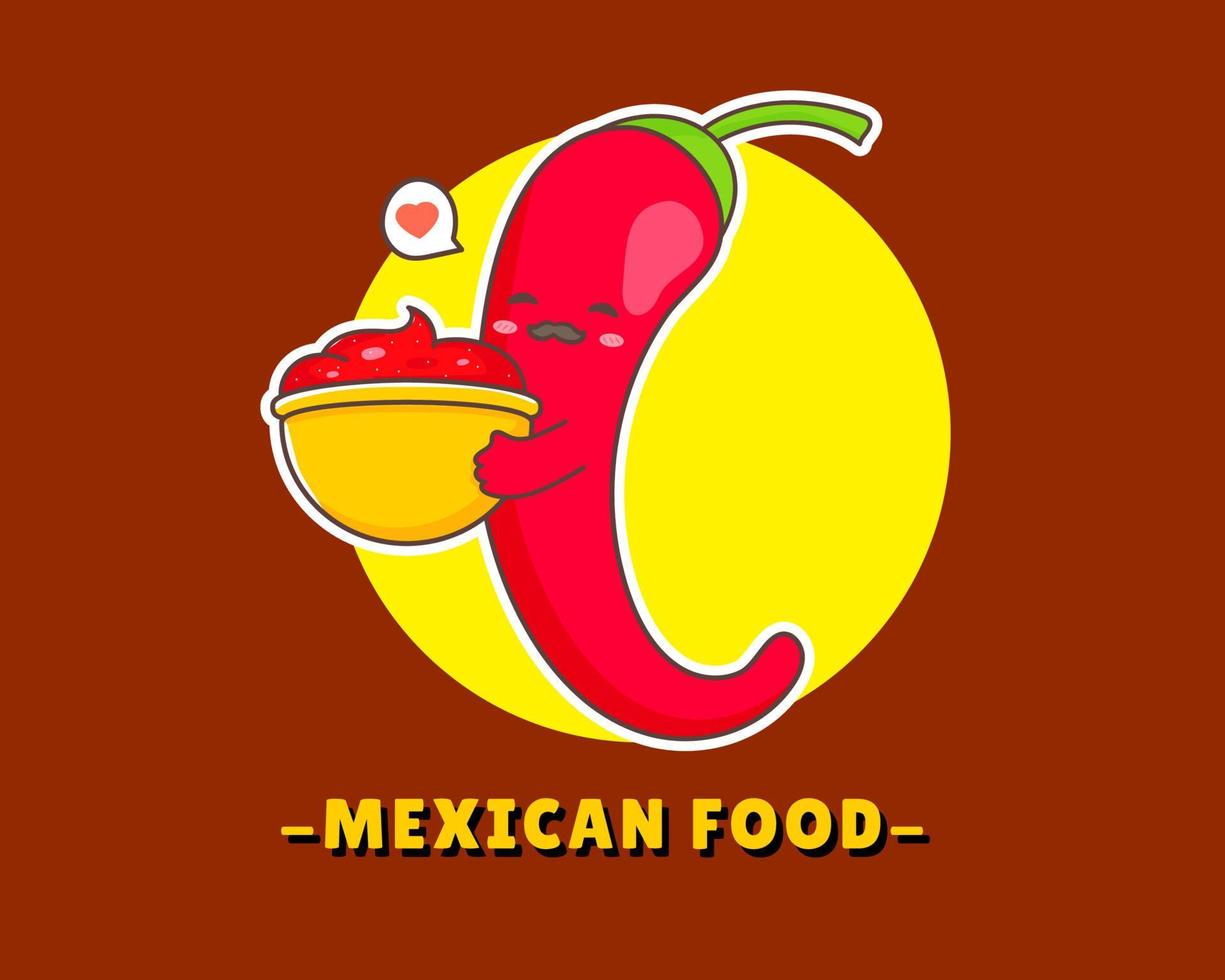 piment rouge tenant un bol d'illustration de logo de dessin animé de sauce piquante. art vectoriel de concept alimentaire.