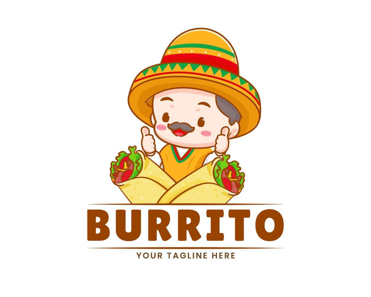 mignon chef mexicain avec personnage de dessin animé de chapeau sombrero. illustration du logo icône burrito. cuisine de rue traditionnelle mexicaine. vecteur