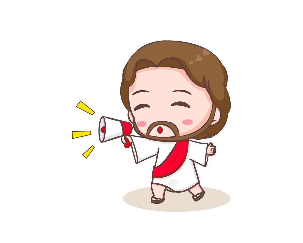 mignon jésus christ avec personnage de dessin animé de mégaphone. personnage chibi dessiné à la main, clipart, autocollant, fond blanc isolé. bible chrétienne pour les enfants. mascotte logo icône vector art illustration