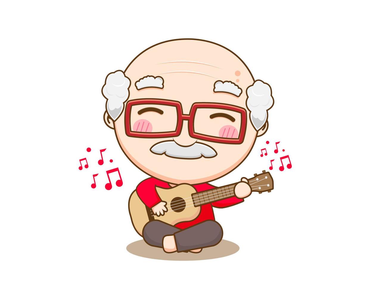 mignon vieil homme jouant de la guitare. personnage de dessin animé de grand-père. illustration d'art vectoriel chibi